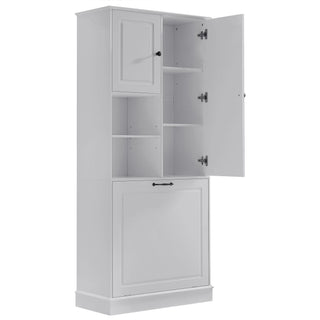 Modern Tall Storage Cabinet With Adjustable Shelves, Flip-Out Basket & Enclosed Doors