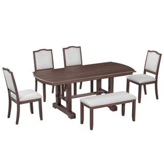 6 Piece Extendable Dining Table Set, Wood Table With Removable Leaf, 4 Upholstered Chairs And Bench - Cherry