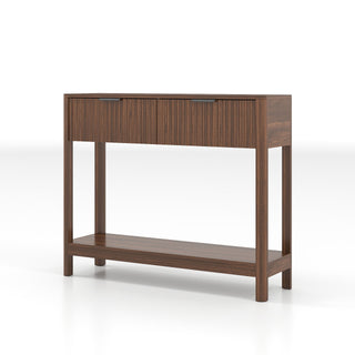 Mid-Century Modern Fluted Console Table With 2 Drawers & Open Shelf, Walnut Finish Narrow Entryway Table, Slim Sofa Table For Hallway, Living Room, Small Spaces, Easy Assembly