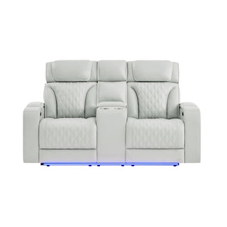 Julian - Power Console Reclining Loveseat, LED & Speaker - Silver