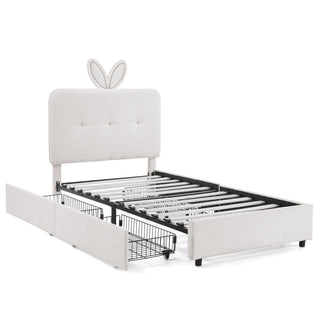 Upholstered Bed With Oversized Rabbit Ear Headboard, LED Lights & 4 Storage Drawers