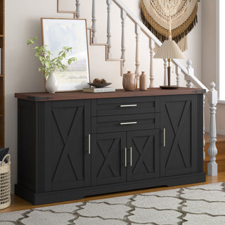 Barn Door Storage Cabinet With 2 Drawers & Door Rack, Adjustable Shelves