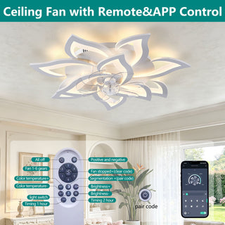 32" Flower Ceiling Fan With LED Dimmable Light, Low Profile Flush Mount Fan With Remote Control, 6 Speeds