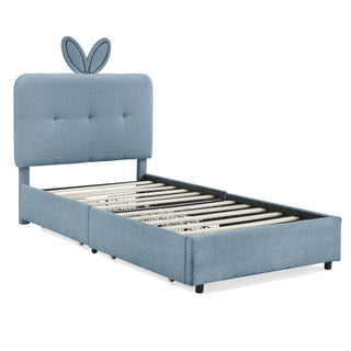 Upholstered Bed With Oversized Rabbit Ear Headboard, LED Lights & 4 Storage Drawers