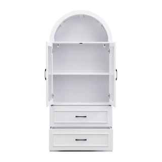 Arched Top Storage Cabinet With Fixed 2 Tier Shelves, 2 Large Drawers