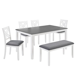 6 Piece Kitchen Dining Set, Rectangular Dining Table With 4 Upholstered Chairs And Bench - Gray / White