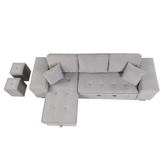 Modern L-Shape 3 Seat Reversible Sectional Couch, Pull Out Sleeper Sofa With Storage Chaise And 2 Stools For Living Room Furniture Set