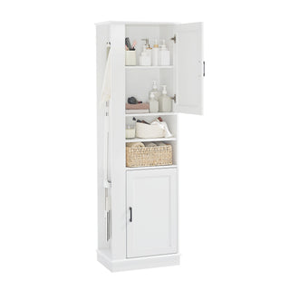 Tall Freestanding Bathroom Storage Cabinet With Adjustable Shelves And Side Hooks Board, Rectangle Design