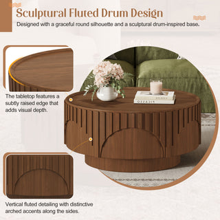 Round Fluted Drum Coffee Table With Sturdy Base For Living Room