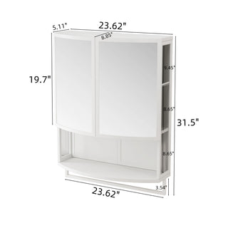 Arched Glass Double Door Wardrobe With Shatterproof Mirror, Open Shelf & Towel Rack