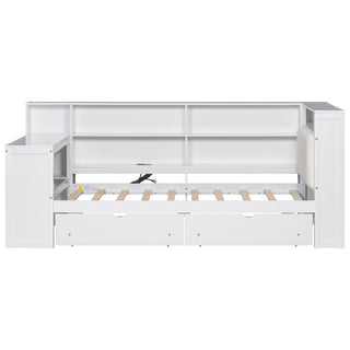 Platform Bed With Upholstered Headboard, Storage Shelves, Drawers, Charging Station, LED Lighting, Built In Desk