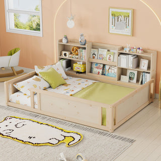 Platform Floor Bed With Guardrail Fence And Side Storage Shelves
