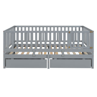 Daybed With Fence Guardrails And 2 Drawers, Split Into Independent Floor Bed & Daybed