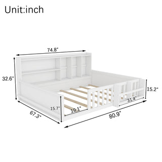 Platform Bed Frame With Guardrail, Storage Shelves & Bookshelf