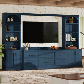 Arched Entertainment Center Wall Unit With 6 Drawers, Large TV Stand With Bookshelves