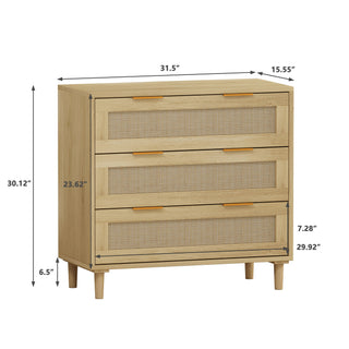 3 Drawer Storage Cabinet With Rattan Drawers For Bedroom, Living Room - Oak