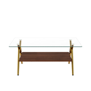 Rectangle Coffee Table With Tempered Glass Top And Shelf
