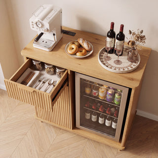 Fluted Coffee Bar Cabinet With Mini Fridge Space & Charging Station - Natural