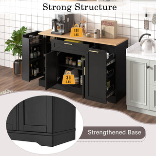 Trexm Multi-Functional Storage Sideboard, Extendable Dining Table, Adjustable Shelves, 3-Tier Pull-Out Rack, Kitchen Island Storage For Kitchen, Dining Room, Living Room (Black)