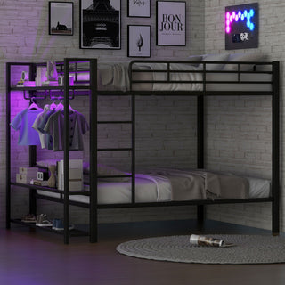 Bunk Bed With Storage Shelves, Clothes Hooks, LED Light