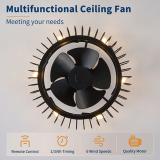 Flush Mount Ceiling Fan With Lights, Low Profile Fandelier With E12 Sockets, Reversible DC Motor, 6 Speeds - Black