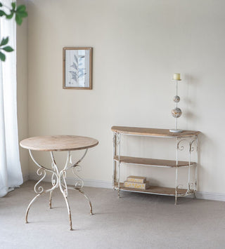 Round Wooden Table With Metal Scrollwork Legs - White Washed