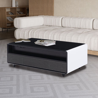 Modern Smart Coffee Table With Built-In Fridge, tooth Speaker, Wireless Charging Module, Touch Control Panel, Power Socket, USB Interface, Outlet Protection, Atmosphere Light