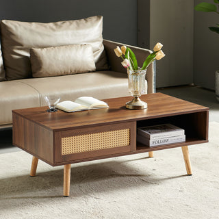 41.34" Rattan Coffee Table, Sliding Door For Storage, Solid Wood Legs, Modern Table For Living Room