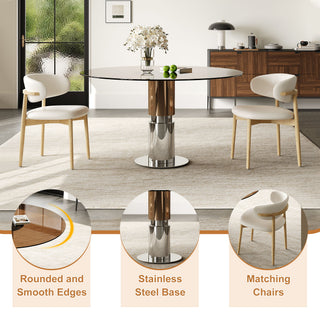 Round Dining Table & Tempered Glass Top - Brown