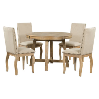 Round Extendable Dining Table Set With 4 Upholstered Chairs