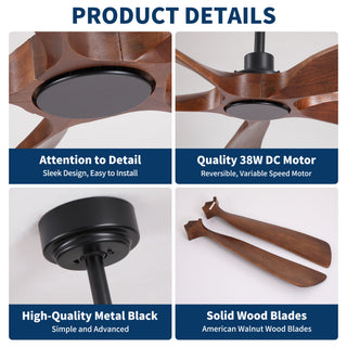 Ceiling Fan With Light And Remote Control, Noiseless, 6 Speeds Reversible, Quiet DC - Matte Black
