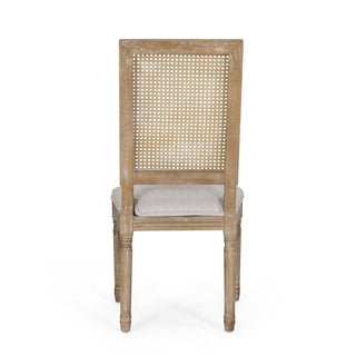 French Country Dining Chair With Rectangular Cane Backrest And Smooth Upholstered Seating