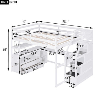 Loft Bed With Desk, Shelves, 2 Drawers, Storage Staircase