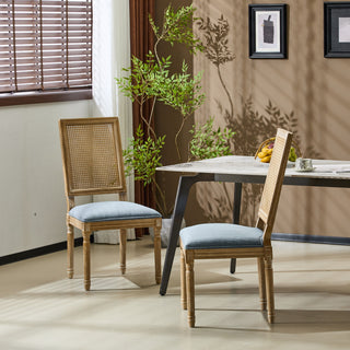 French Country Dining Chair With Rectangular Cane Backrest And Smooth Upholstered Seating