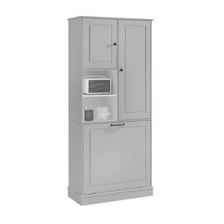 Modern Tall Storage Cabinet With Adjustable Shelves, Flip-Out Basket & Enclosed Doors