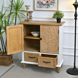 Accent Flower Carved Door Sideboard Cabinet With 2 Drawers For Kitchen - Natural Wood Wash / White
