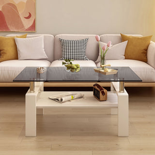 Modern Rectangular Coffee Table With Tempered Transparent Glass Top And Storage Shelf