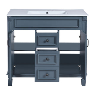 36" Bathroom Vanity With Top Sink, Basin On Cabinet With 2 Soft Closing Doors And 2 Drawers - Blue