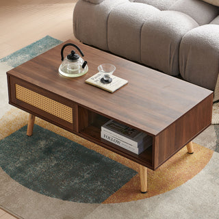 41.34" Rattan Coffee Table, Sliding Door For Storage, Solid Wood Legs, Modern Table For Living Room