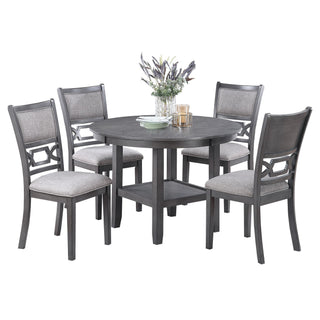 5 Piece Dining Set With Storage Shelves Round Table And Upholstered Side Chairs - Gray