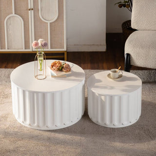 Round Storage Table Set With Lift Off Lid, Nesting Design, Elegant Curved Edge Shape For Living Room - Cream White