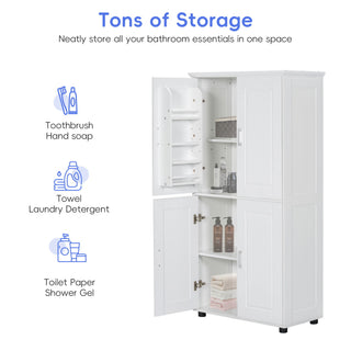 Tall And Wide Bathroom Floor Storage Cabinet With 4 Doors, Adjustable Shelves - White