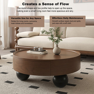 Round Coffee Table With Storage Drawer And Ball Feet - Walnut / Black