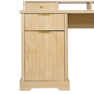 Fluted L-Shaped Desk With Charging Station & Storage Cabinet