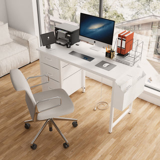 Office Desk With Power Outlet, 3 Drawers And Side Pocket For Office - White