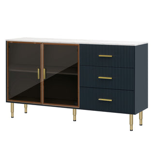 Modern Sideboard Buffet Cabinet Marble Sticker Tabletop And Amber- Tempered Glass Doors With Metal Legs & Handles