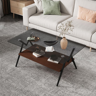 Rectangle Coffee Table With Tempered Glass Top And Shelf, Modern Table For Living Room