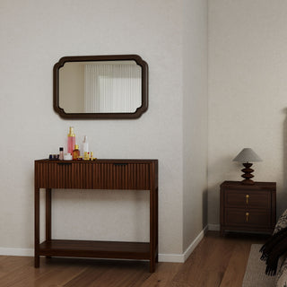 Mid-Century Modern Fluted Console Table With 2 Drawers & Open Shelf, Walnut Finish Narrow Entryway Table, Slim Sofa Table For Hallway, Living Room, Small Spaces, Easy Assembly