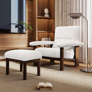 Modern Accent Chair With Ottoman, Mid Century Lounge Chair With Footrest, Comfy Fabric Armchair Upholstered Set With Solid Wood Frame For Living Room - White