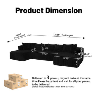 Modular U-Shaped Sectional Sofa, 4 Seater Chaise Lounge With Reversible Design Striped - Black